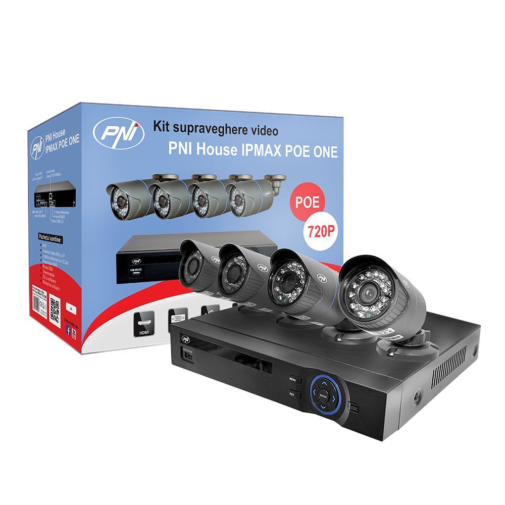 Kit supraveghere video PNI House IPMAX POE ONE 720P - NVR IP ONVIF si 4 camere HD cu IP 1.0 Mpx Power over