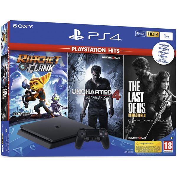 Consola PlayStation 4 1TB Slim + jocuri Uncharted 4, Ratchet&Clank,  The Last Of Us , Negru