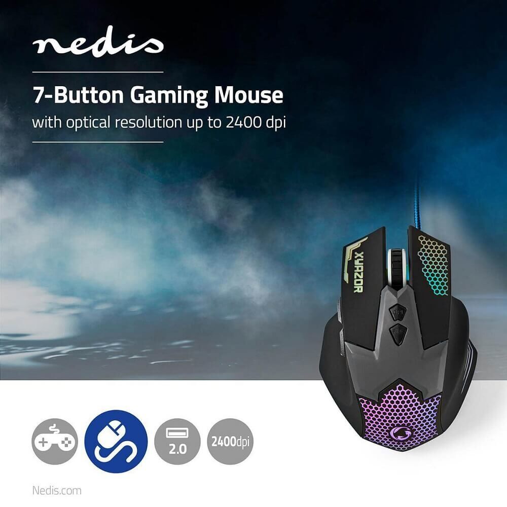 Mouse gaming cu fir Nedis  GMWD200BK, iluminat, 2400 DPI, 7 butoane