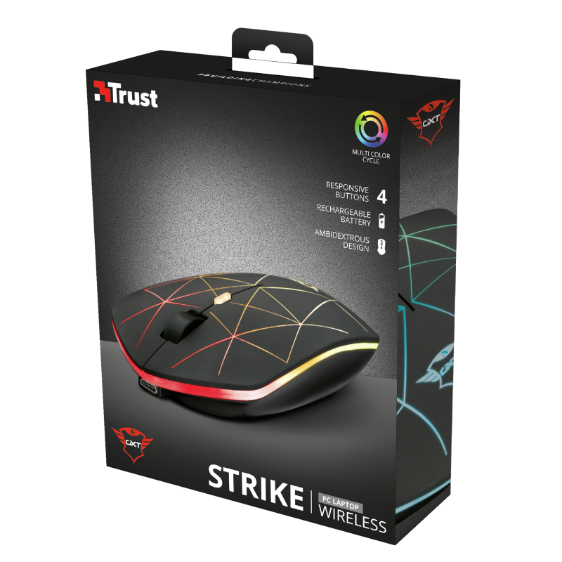 Mouse gaming wireless Trust GXT 117 Strike, 1400 DPI, iluminare RGB, Negru
