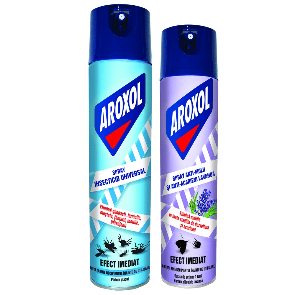 Pachet: Insecticid universal Aroxol 400ml+ Spray anti-molii si anti-acarieni Aroxol Lavanda 250ml