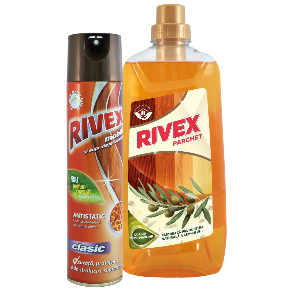 Spray mobila Rivex Floral, 300 ml + Detergent lemn Rivex, 1 L