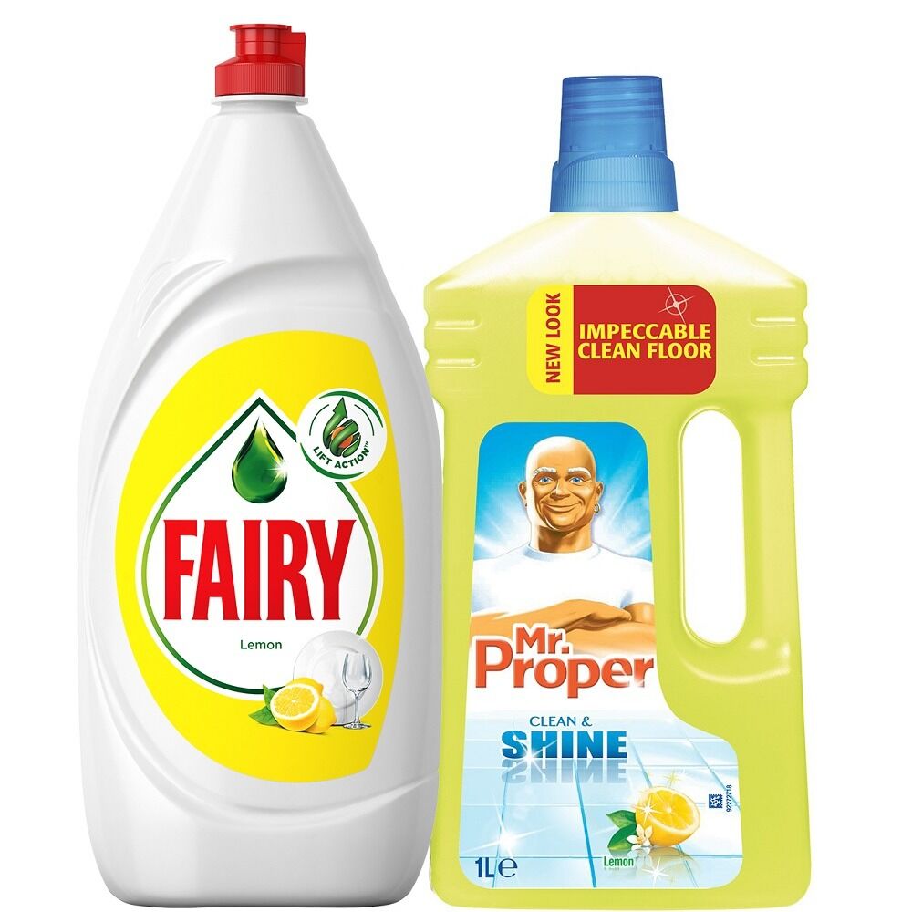 Pachet detergent suprafete Mr. Proper 1l + detergent de vase Fairy Lemon 1.3l