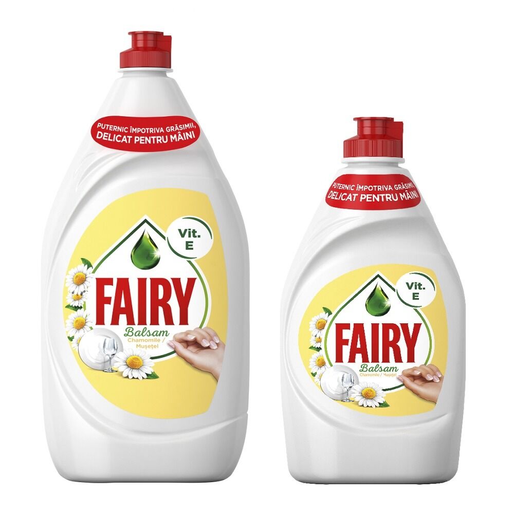 Pachet Detergent de vase Fairy Sensitive Chamomile & Vitamin E, 1.3l + Detergent de vase Fairy Sensitive Chamomile & Vitamin E, 450ml