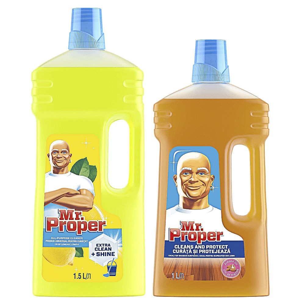 Pachet Promo: Detergent universal Mr. Proper Lemon 1.5L + Detergent universal Mr. Proper pentru suprafete din lemn 1L