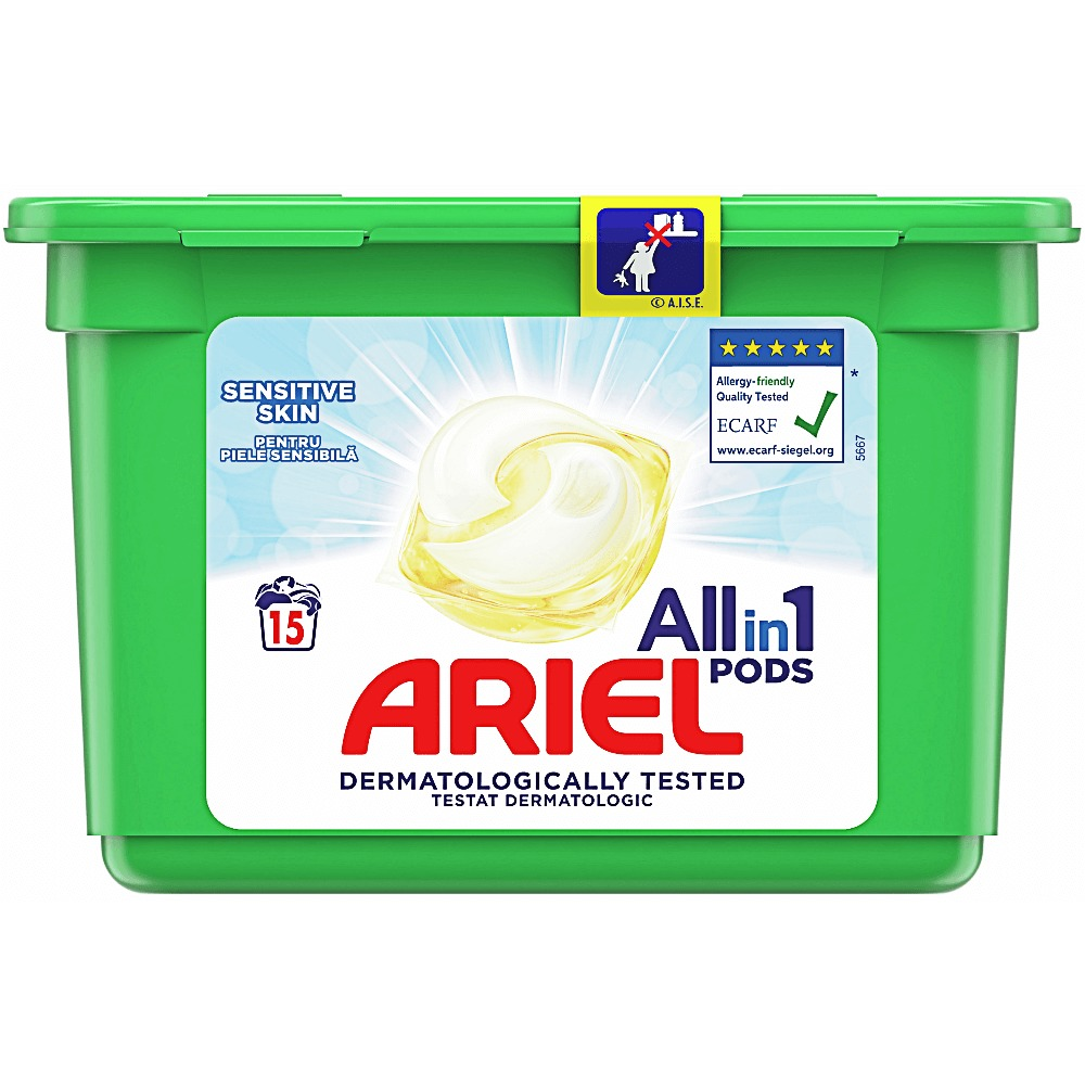 Detergent automat capsule, Ariel All in One PODS Sensitive, 15 spalari, 15 bucati