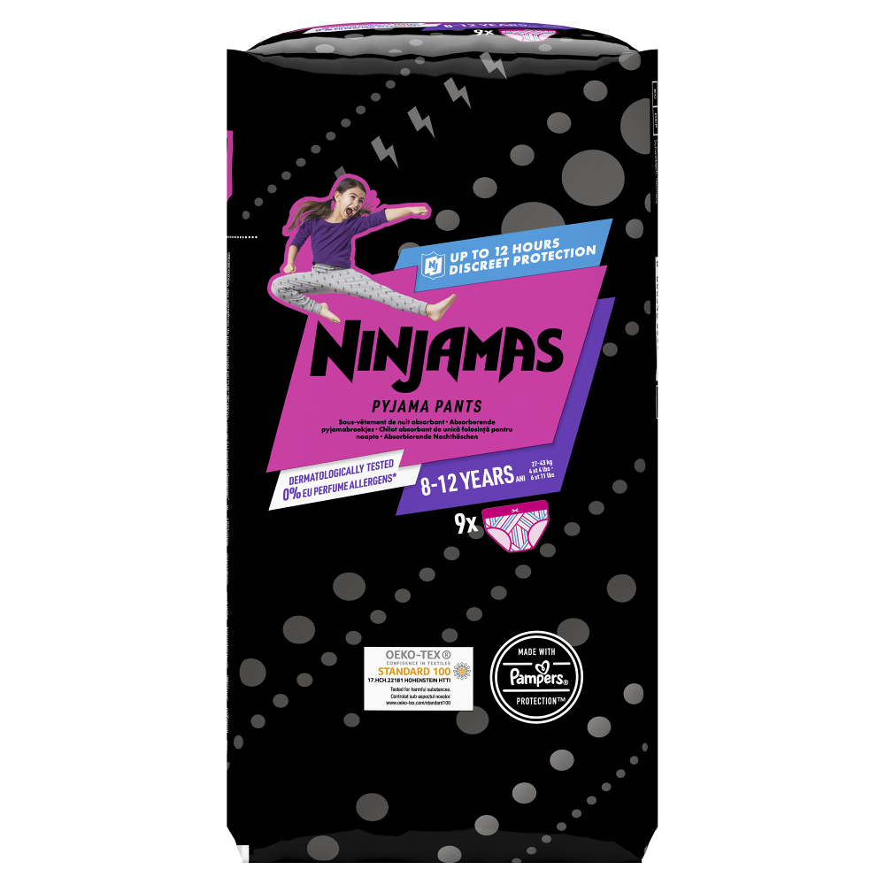 Scutece-chilotel pentru noapte Ninjamas pentru fetite, 8-12 ani, 27-43 kg, 9 buc