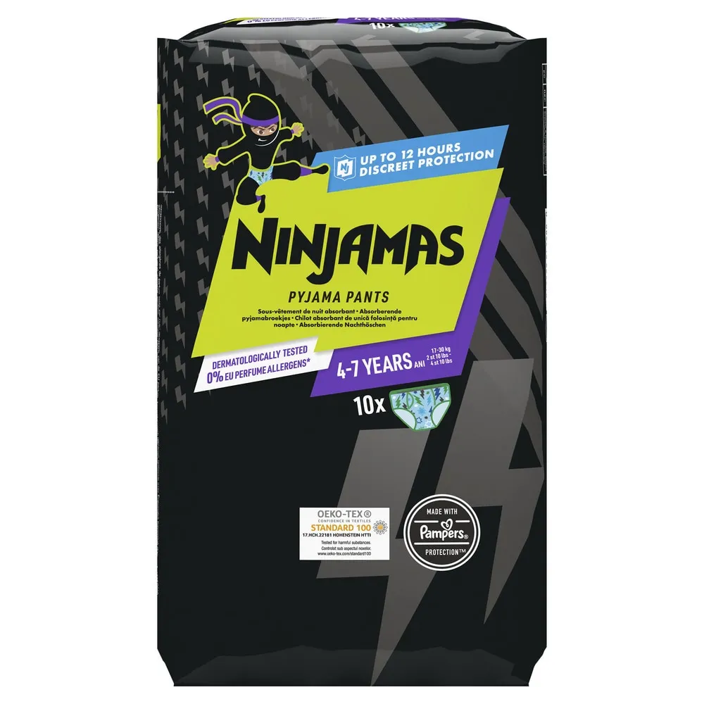 Scutece-chilotel pentru noapte Ninjamas pentru baietei, 4-7 ani, 17-30 kg, 10 buc