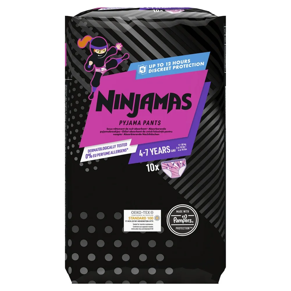 Scutece-chilotel pentru noapte Ninjamas pentru fetite, 4-7 ani, 17-30 kg, 10 buc