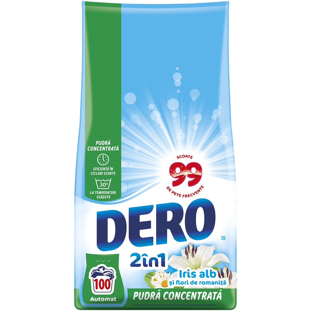 Detergent de rufe pudra Dero 2in1 Iris Alb, 100 spalari, 7.5 kg