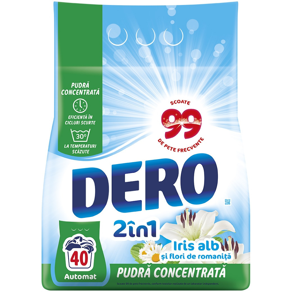 Detergent de rufe pudra Dero 2in1 Iris Alb, 40 spalari, 3 kg