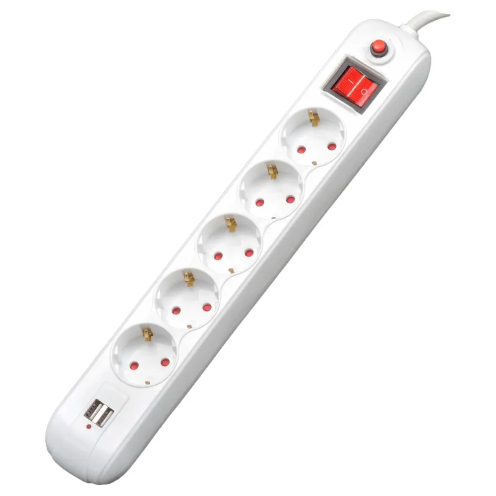 Prelungitor Spacer PP-5-18 USB, Schuko x 5, conectare prin Schuko (T), USB x 2, 1.8 m, 16 A, max. 3500W, protectie supratensiune, Alb