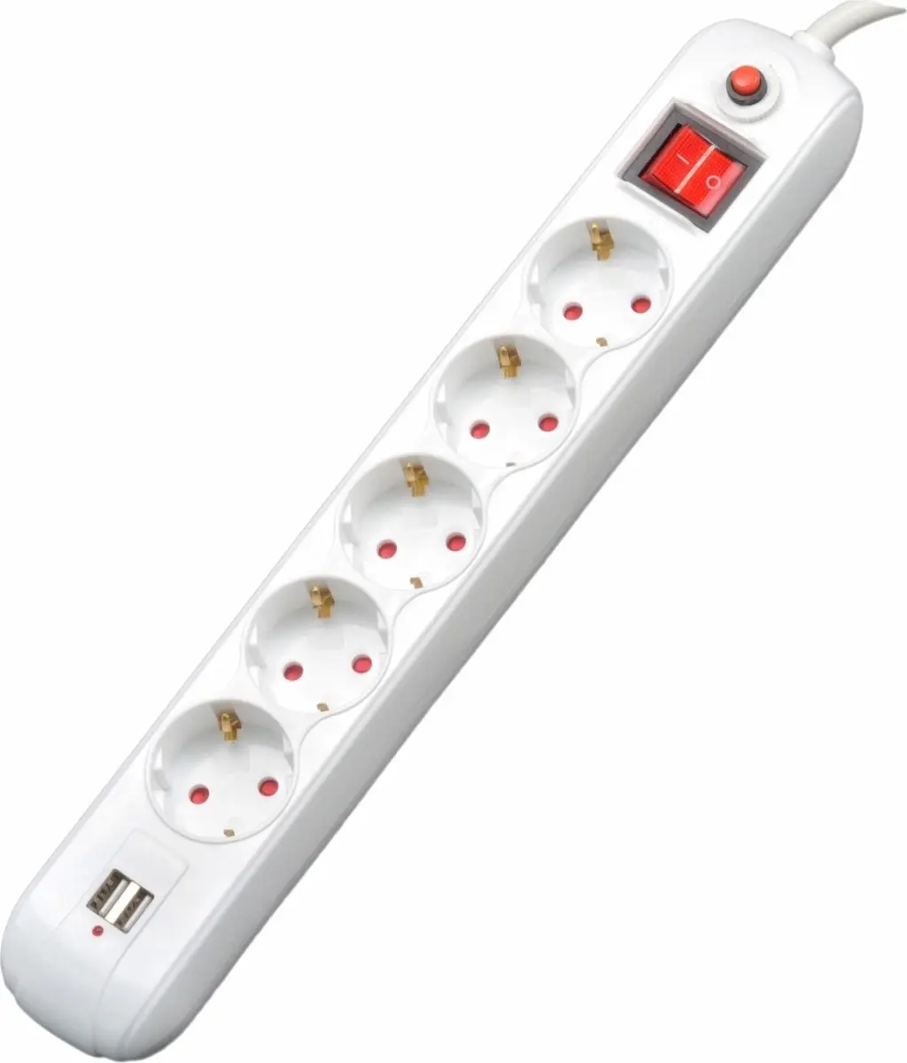 Prelungitor Spacer PP-5-18 USB, Schuko x 5, conectare prin Schuko (T), USB x 2, 1.8 m, 16 A, max. 3500W, protectie supratensiune, Alb