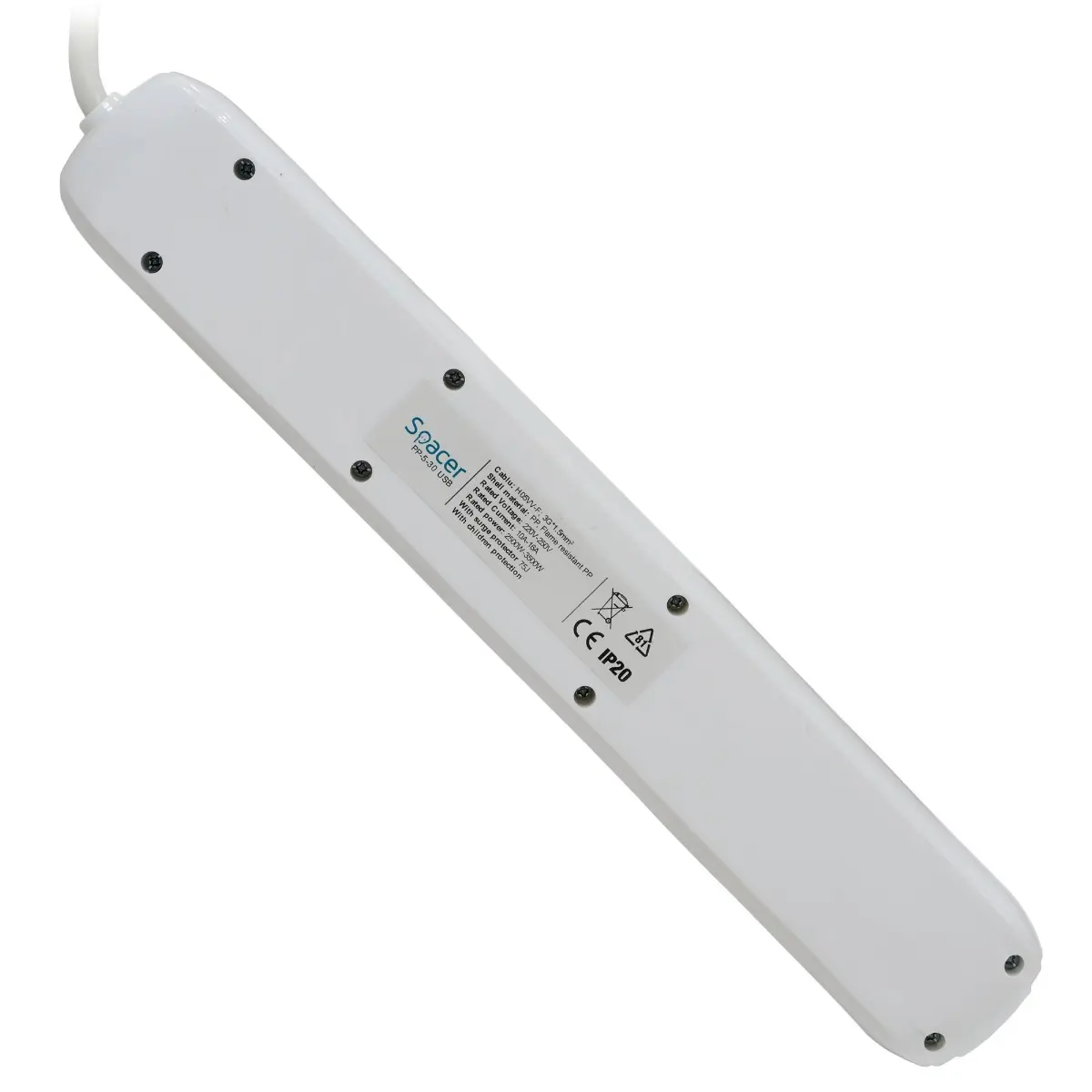Prelungitor Spacer PP-5-45 USB, Schuko x 5, conectare prin Schuko (T), USB x 2, cablu 4.5 m, 16 A, max. 3500W, protectie supratensiune, Alb