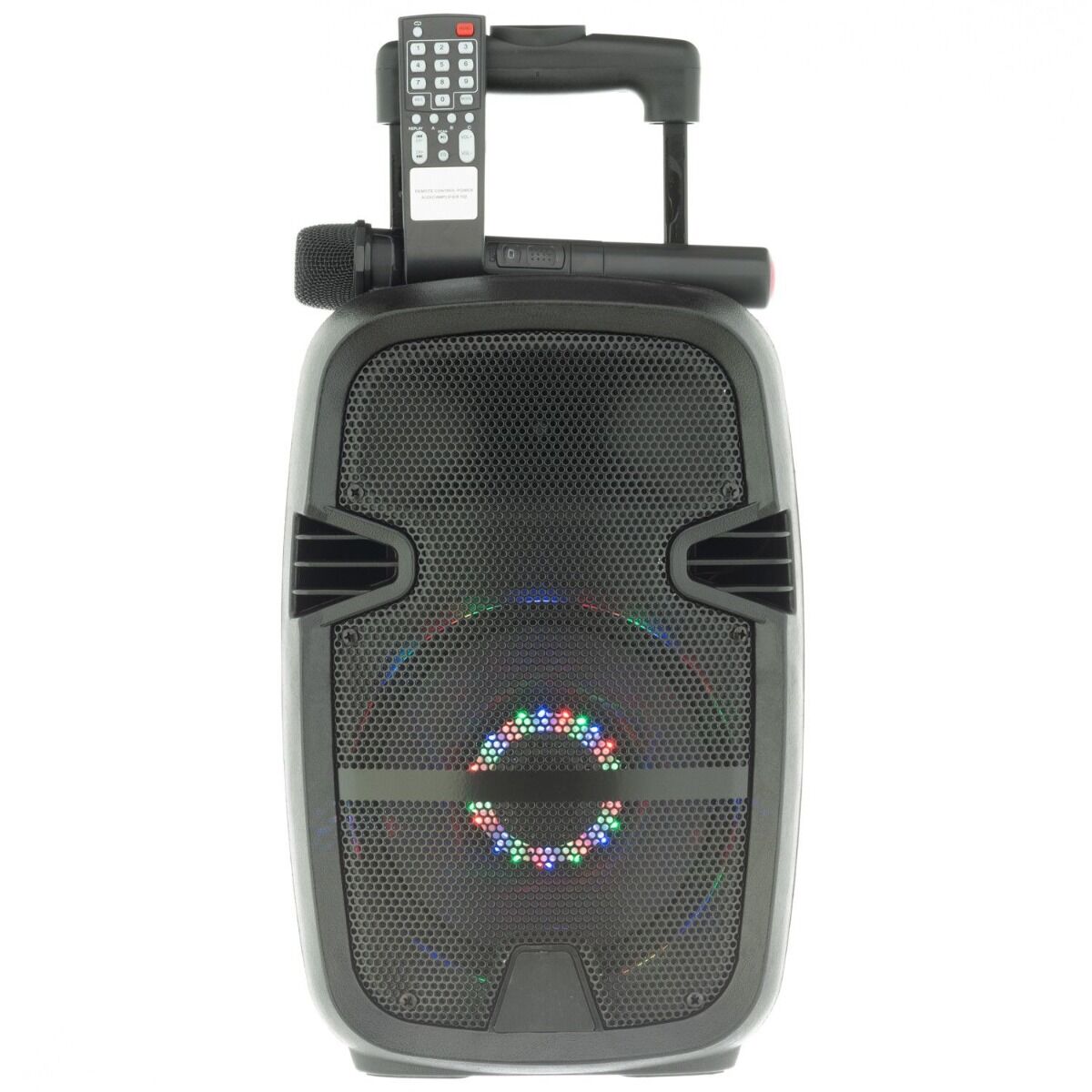 Boxa Activa Portabila Tip Troller Soundvox W-07, Radio FM, Bluetooth, USB, TF Card, Aux, Lumini LED, Microfon Inclus, Telecomanda, Neagra