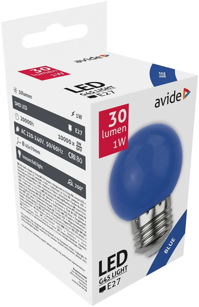 Bec LED G45 Avide, E27, 30 lumen, 1 W, Albastru