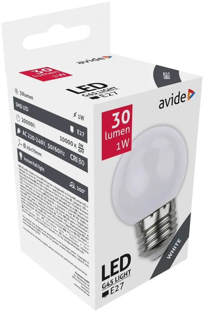 Bec LED G45 Avide, E27, 30 lumen, 1 W, Alb