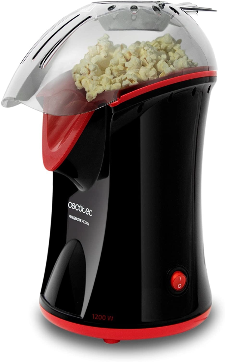 Aparat de facut popcorn, CECOTEC 3040, 1200 W, fara ulei, Aer cald, preparare in max. 2 min, dozator boabe inclus, Negru/Rosu