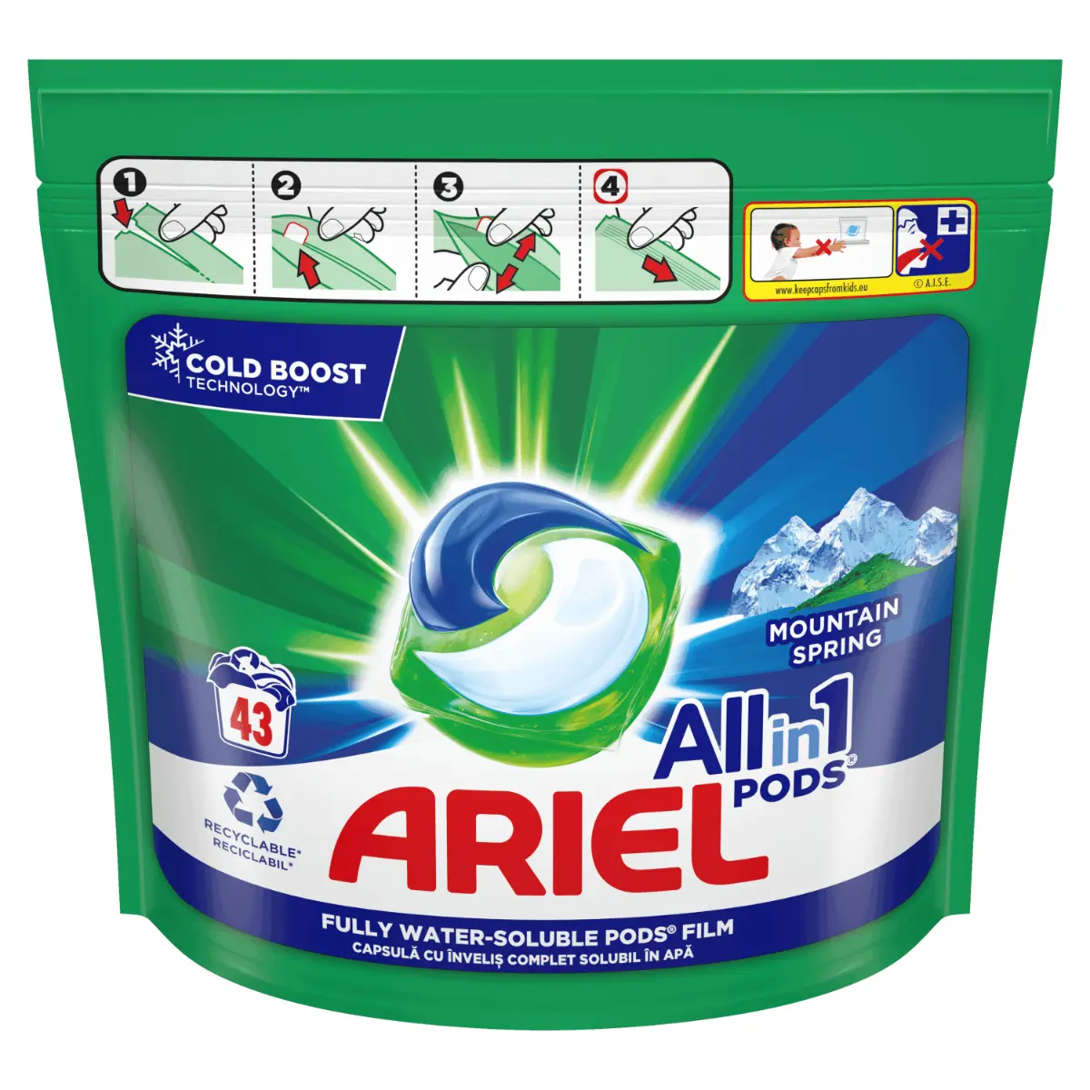 Detergent de rufe capsule Ariel All in One PODS Mountain Spring, 43 spalari