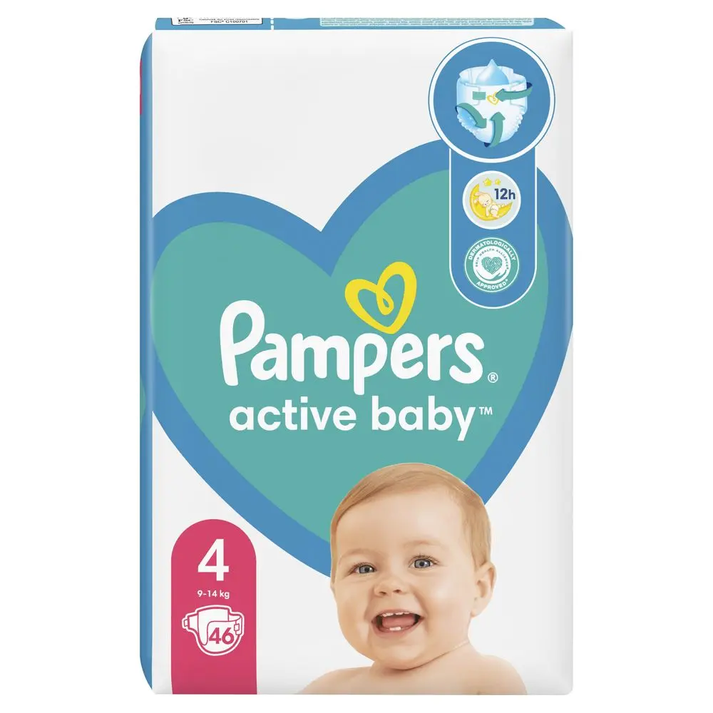 Scutece Pampers Active Baby, marimea 4, pana la 12 ore de protectie, 9-14 kg, 46 buc