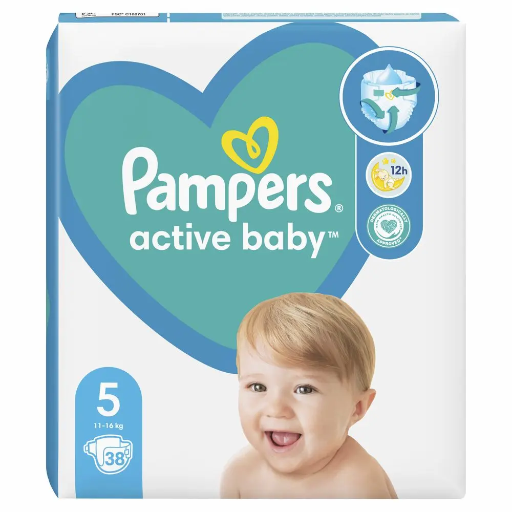 Scutece Pampers Active Baby, marimea 5, pana la 12 ore de protectie, 11-16 kg, 38 buc