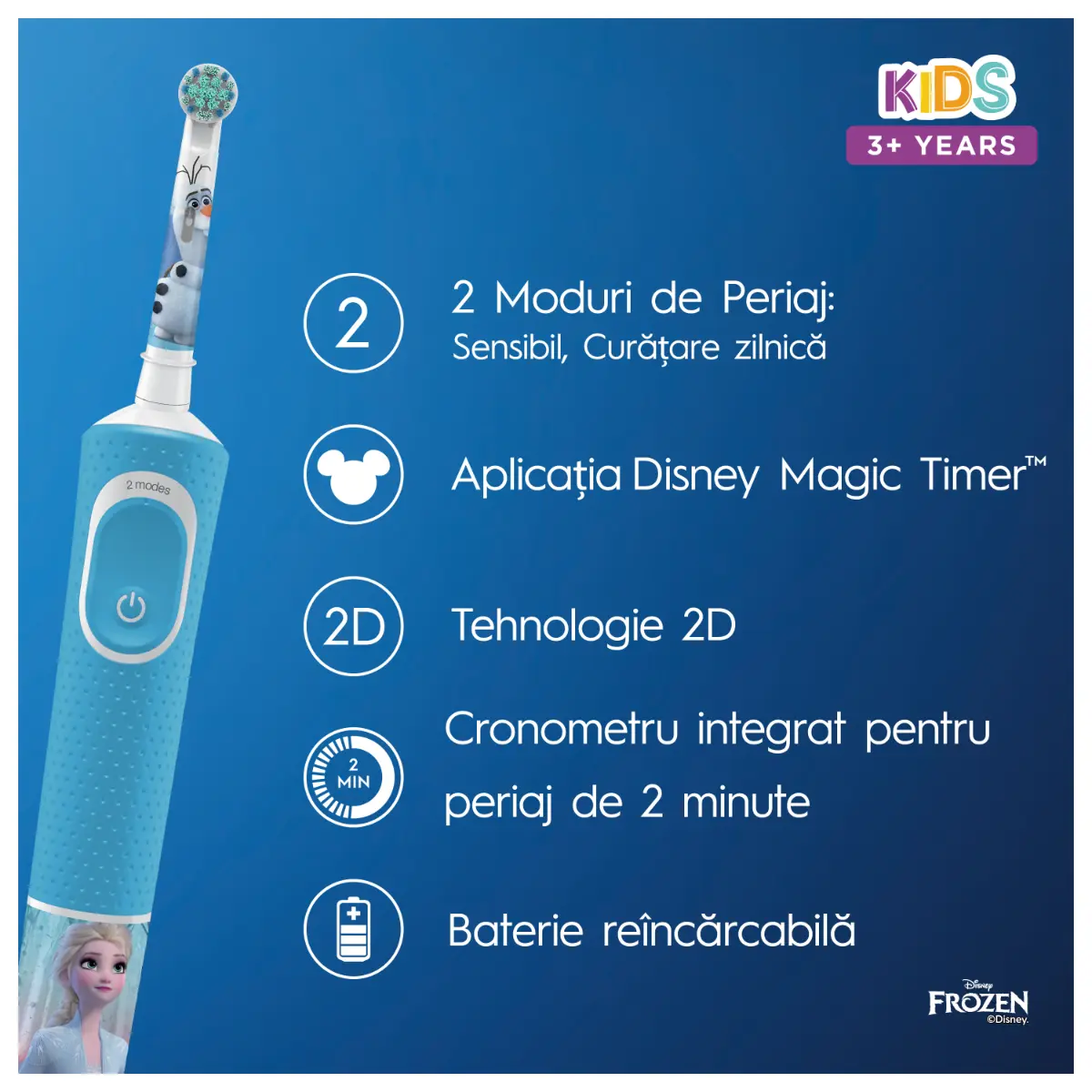Periuta de dinti electrica Oral-B D100 Vitality Frozen pentru copii 7600 oscilatii/min, Curatare 2D, 2 programe, 1 capat, 4 stickere incluse, Albastru