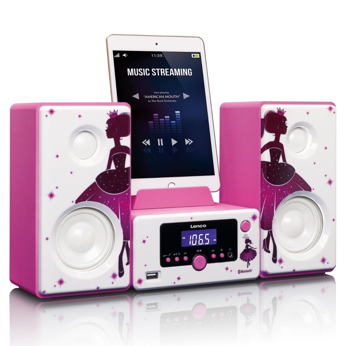 Microsistem stereo Lenco MC-020, Bluetooth, FM, USB si AUX, Roz