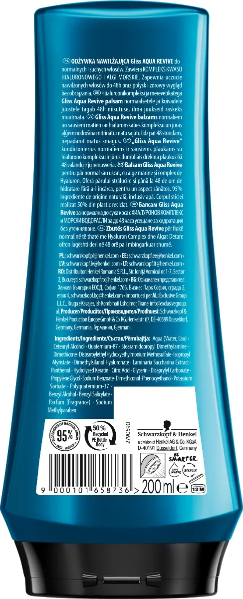 Balsam Gliss Aqua Revive pentru par normal sau uscat, 200 ml