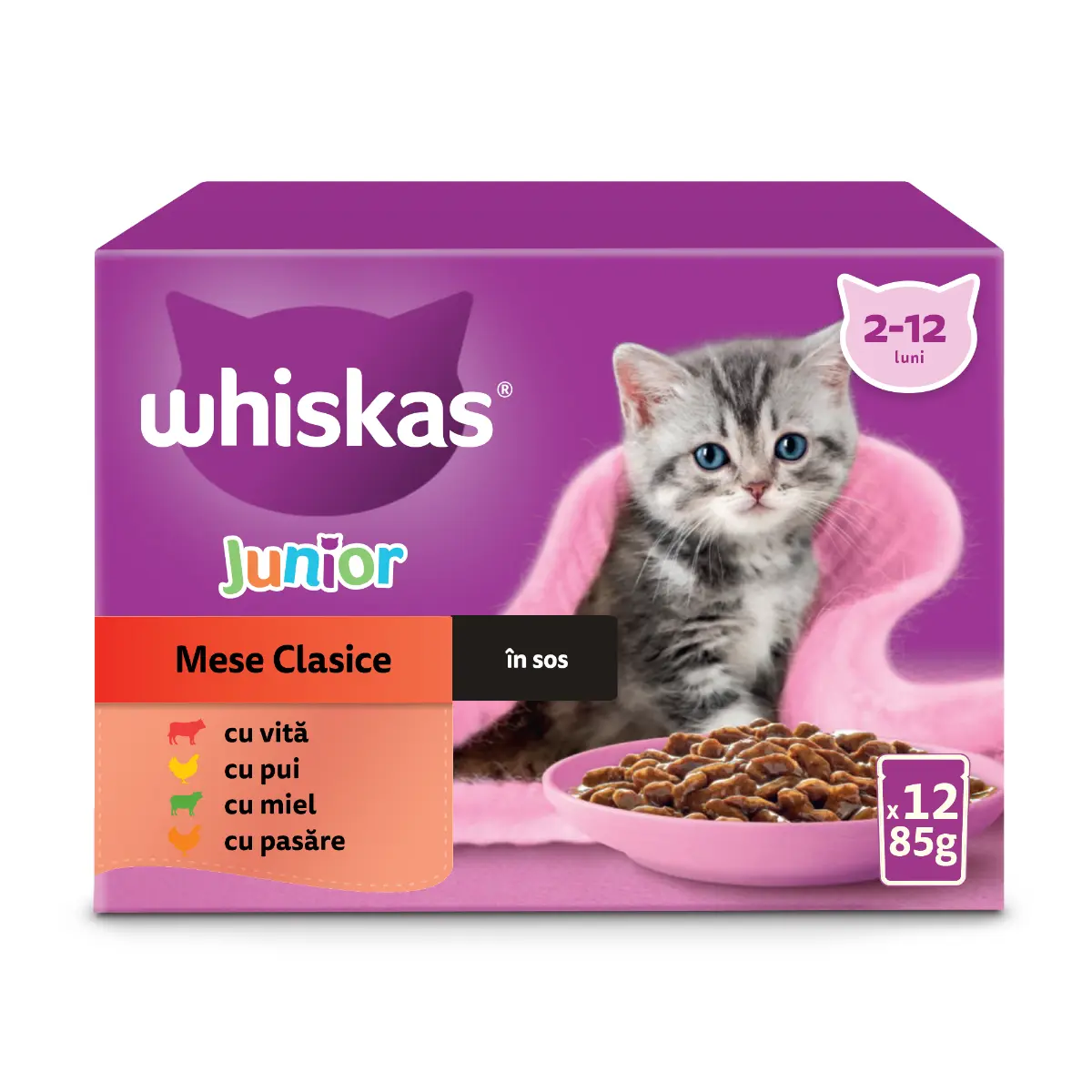Hrana umeda Whiskas Junior pentru pisici junioare, selectii clasice in sos de carne 12 x 85 g