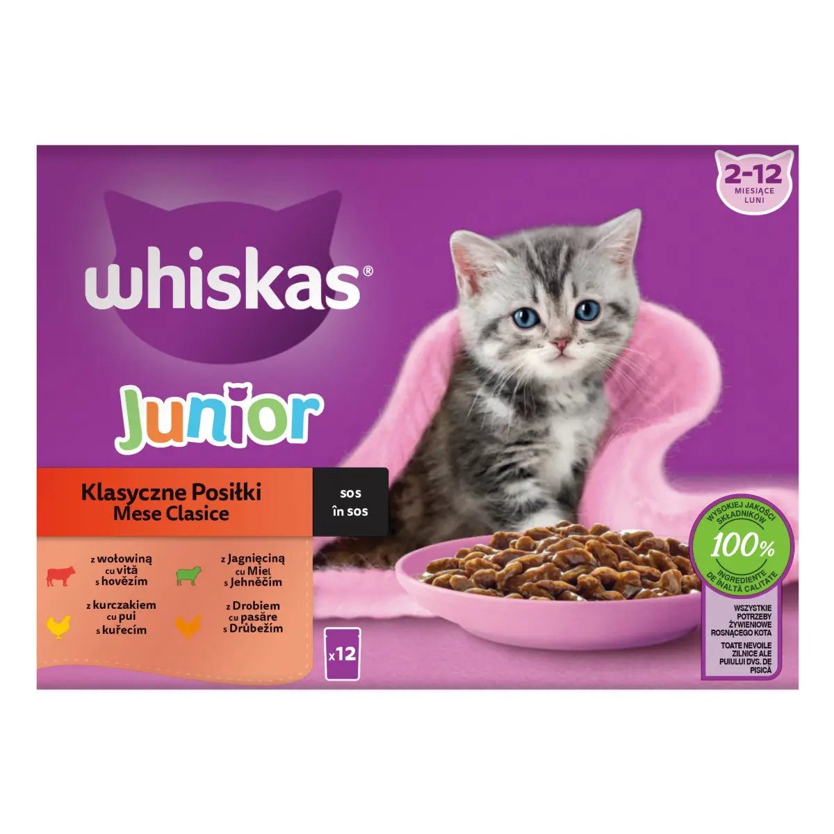Hrana umeda Whiskas Junior pentru pisici junioare, selectii clasice in sos de carne 12 x 85 g