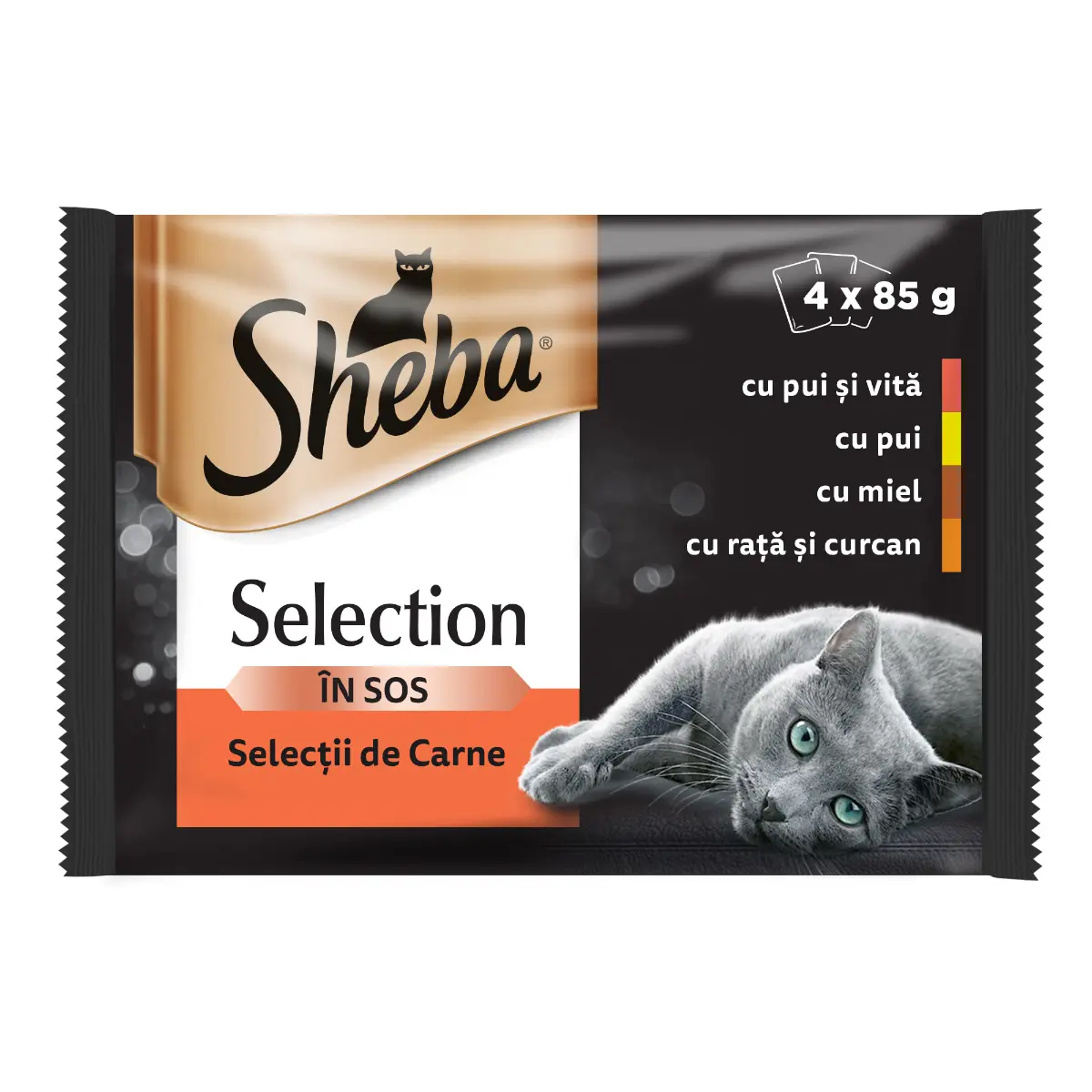 Hrana umeda Sheba Selection pentru pisici adulte, selectie de carne in sos delicios 4 x 85g