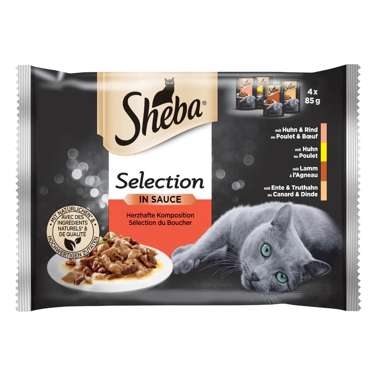 Hrana umeda Sheba Selection pentru pisici adulte, selectie de carne in sos delicios 4 x 85g