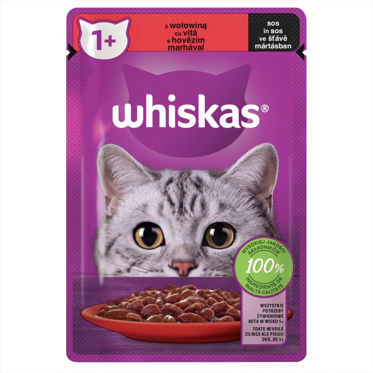 Hrana umeda pentru pisici Whiskas cu vita in sos, pentru pisici adulte, 85 g