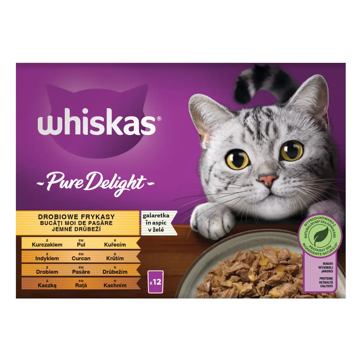 Hrana umeda Whiskas Pure Delight pentru pisici adulte cu carne de pasare in aspic 12 x 85 g