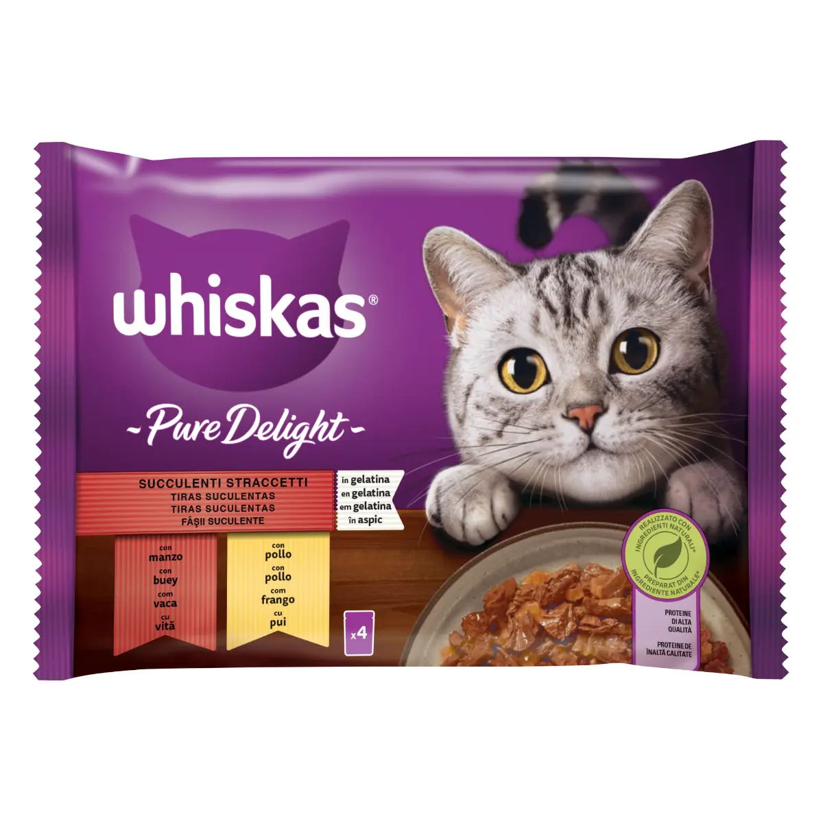 Hrana umeda Whiskas Pure Delight pentru pisici adulte, selectii clasice in sos de carne 4 x 85 g