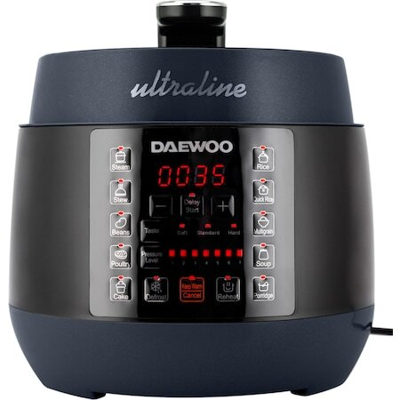 Multicooker sub presiune Daewoo DPC900B, 900 W, capacitate 5 litri, 7 niveluri de presiune, 10 programe de gatire, start intarziat, functie decongelare, reincalzire, mentinerea caldurii, display LED, Negru