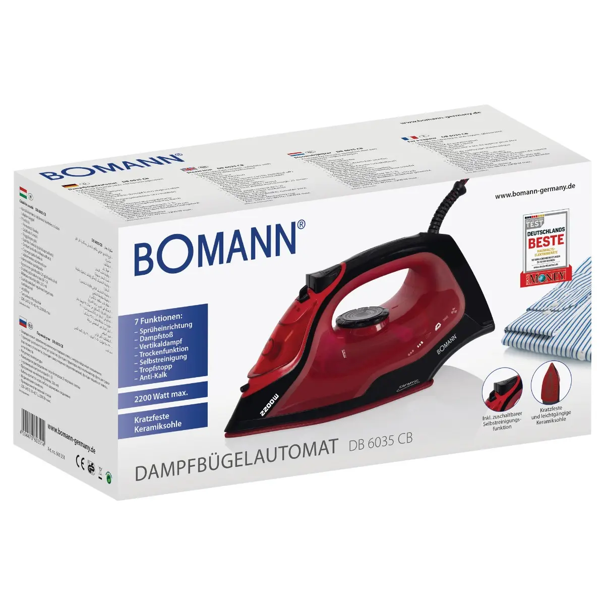 Fier de calcat Bomann DB6035, 2200W, 7 functii, Rosu / Negru
