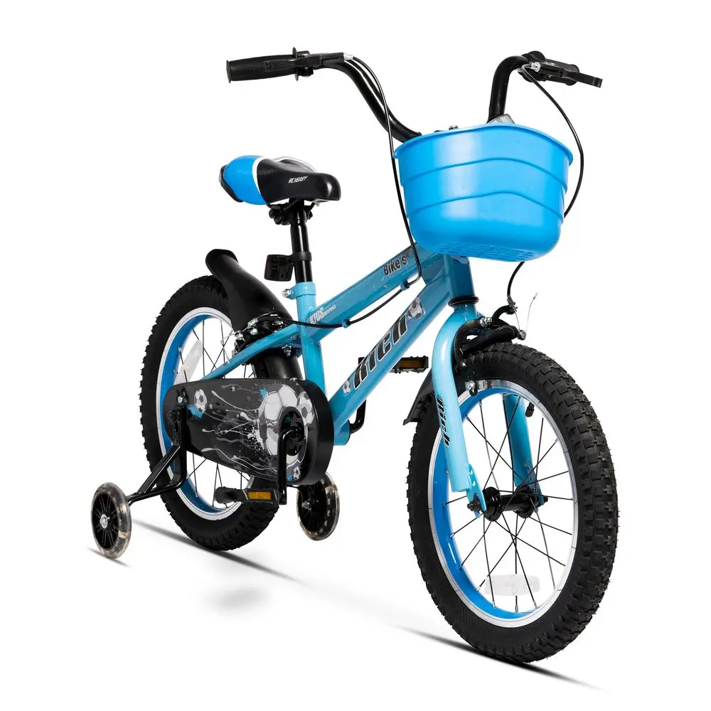 Bicicleta copii 4-6 ani Rich Baby R1607A, roti 16 inch, C-Brake, roti ajutatoare cu LED, Albastru/Alb