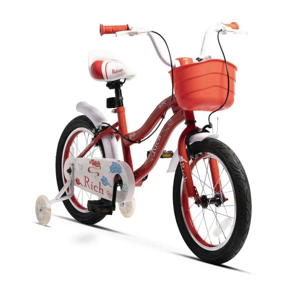 Bicicleta copii 4-6 ani Rich Baby R1608A, roti 16 inch, C-Brake, roti ajutatoare cu LED, Rosu/Alb