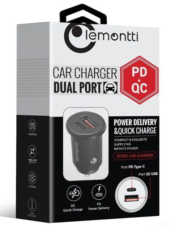 virtual Wind Maori Incarcator auto Lemontti dual port LEMIAPDQCBK, USB + Quick Charge 3.0,  Type-C, Negru | Carrefour Romania