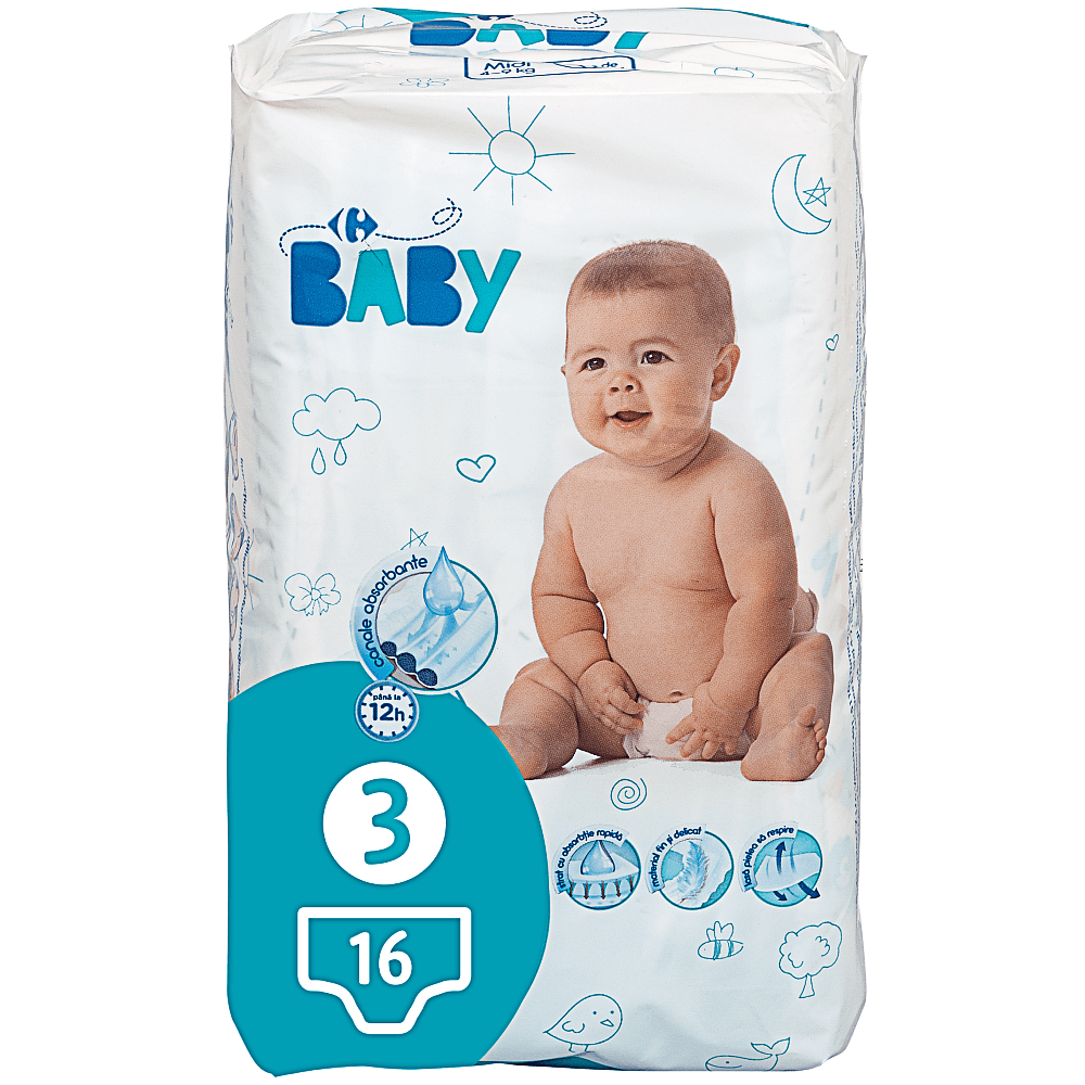 Scutece de unica folosinta Carrefour Baby Midi, 4-9 kg, 16 bucati