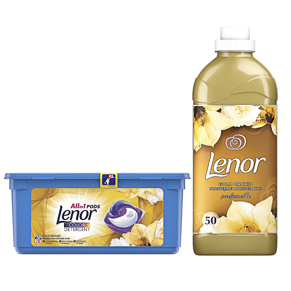 Pachet Promo: Detergent capsule Lenor All in One PODs Gold Orchid 28 spalari + Balsam Lenor Gold Orchid 50 Spalari 