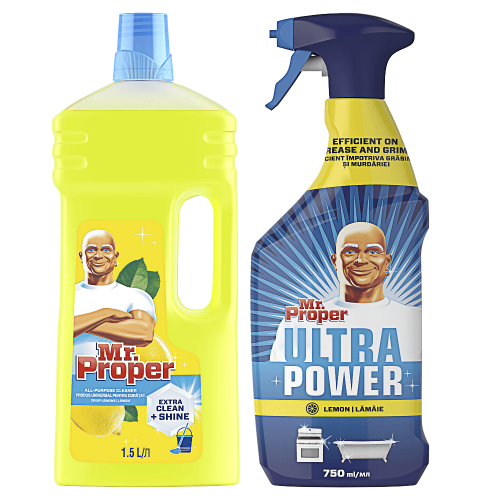 Pachet Promo: Detergent universal pentru suprafete Mr. Proper Lemon, 1,5L + Detergent universal spray Mr. Proper Lemon, 750ml