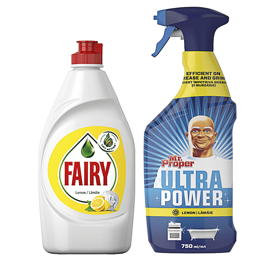 Pachet Promo: Detergent de vase Fairy Lemon, 450ml + Detergent universal spray Mr. Proper Lemon, 750ml