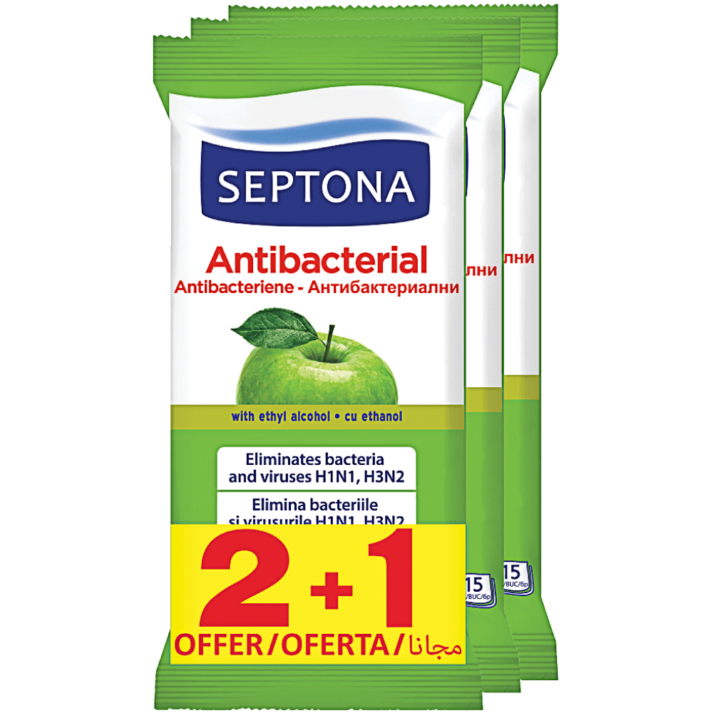 Servetele umede antibacteriene pentru maini, cu aroma de mar verde, Septona, 2+1 bucati