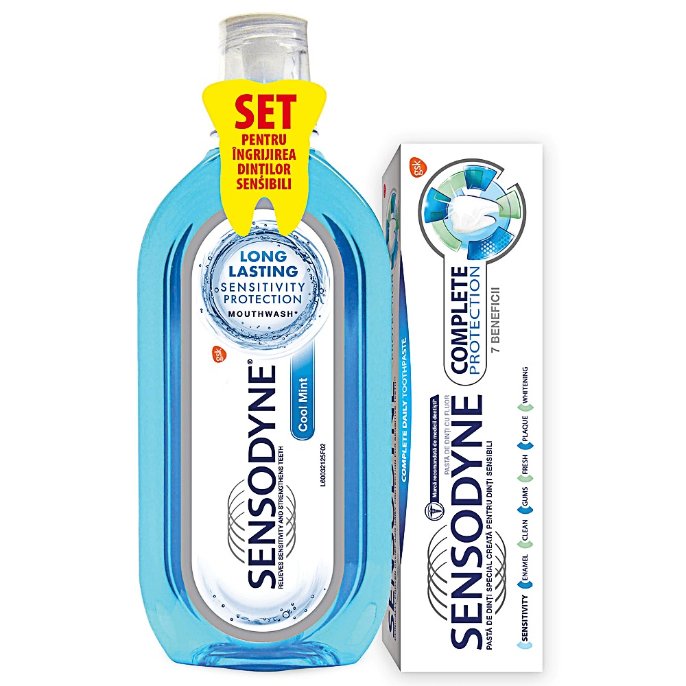 Pachet: pasta de dinti Sensodyne Complete Protection 75ml + apa de gura Cool Mint 500ml Gratis