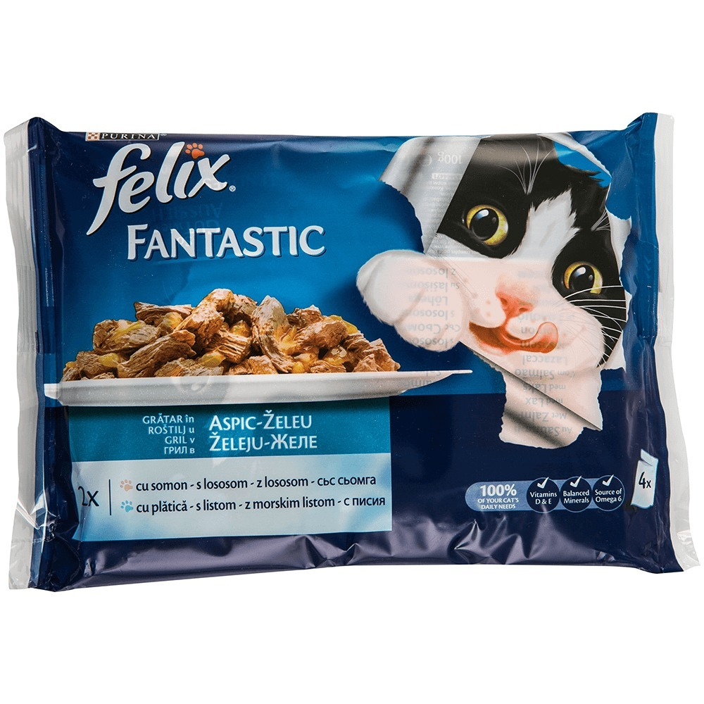 Hrana umeda pentru pisici adulte Felix fantastic cu somon si platica Purina 4x100g