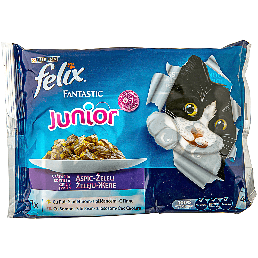 Hrana uscata pentru pisici cu pui si somon Felix Fantastic junior 4x100g