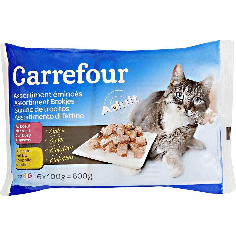 Hrana pentru pisici cu pui si vita Carrefour 6 x 100 g