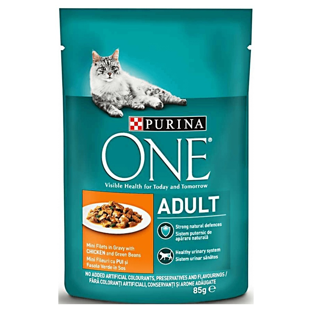 Hrana umeda pentru pisici Purina One Adult, cu pui si fasole verde, mini fileuri in sos, 85 g